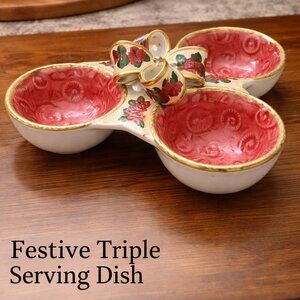 World Bazaars Red Clover Shape Ceramic 3 Section Candy Dish - 11” Wide Vintage